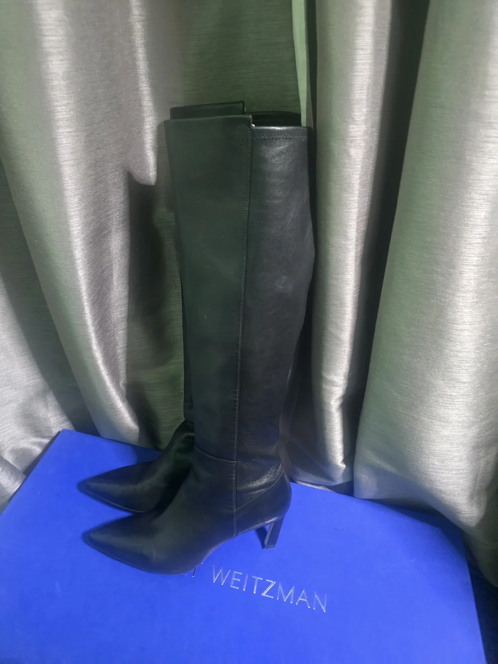 Stuart Weitzman Women's Black Knee-High Leather Pointed-Toe Boots
